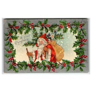 Vintage 1909 Santa Claus Christmas Postcard Made in Germany Holly Border